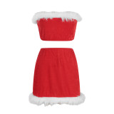 Christmas Sexy Pajamas Feather Strapless Nightclub Skirt Set