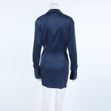 Women Autumn and Winter Elegant Blue Satin Irregular Long Sleeve Dress