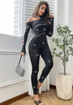 Sexy One-Piece Long-Sleeved Beaded Shiny Mesh Sexy Jumpsuit