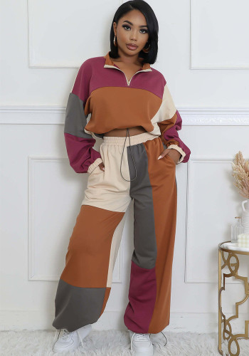 Sexy Sports Color Block Print Zipper Drawstring Design Two-Piece Pants Set