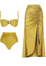 Women Bohemian Style Solid Color High Waist Two Pieces Bikini Long Skirt Three-Piece Sexy Women's Swimsuit