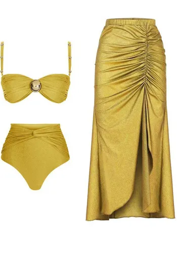 Women Bohemian Style Solid Color High Waist Two Pieces Bikini Long Skirt Three-Piece Sexy Women's Swimsuit