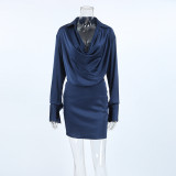 Women Autumn and Winter Elegant Blue Satin Irregular Long Sleeve Dress