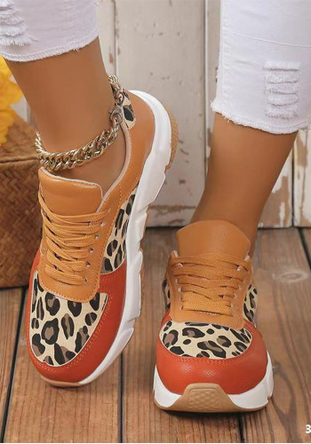 Women's Autumn And Winter Thick Bottom Round Toe Lace Leopard Print Casual Shoes Plus Size Sports Shoes