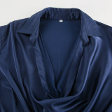 Women Autumn and Winter Elegant Blue Satin Irregular Long Sleeve Dress