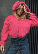 Women's Rabbit Ear Hooded Fleece Coat Autumn And Winter Zip Top