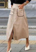 Women's Faux Suede Autumn And Winter Elastic Waist Front Pocket A-Line Midi Skirt