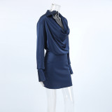 Women Autumn and Winter Elegant Blue Satin Irregular Long Sleeve Dress