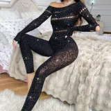 Sexy One-Piece Long-Sleeved Beaded Shiny Mesh Sexy Jumpsuit