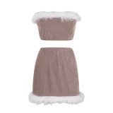 Christmas Sexy Pajamas Feather Strapless Nightclub Skirt Set