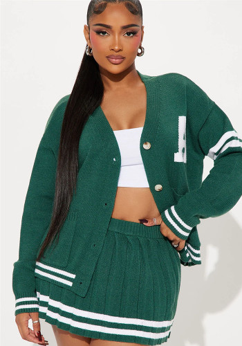 Autumn Chic Knitting Loose Fashion Long-Sleeved Cardigan Pleated Skirt Two Piece Set