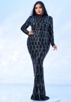 Plus Size Women Long Sleeve Round Neck Formal Party Sequined Fishtail Evening Dress