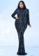 Plus Size Women Long Sleeve Round Neck Formal Party Sequined Fishtail Evening Dress