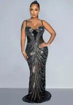 Women Mesh See-Through Beaded Suspender Sexy Backless Bodycon Dress