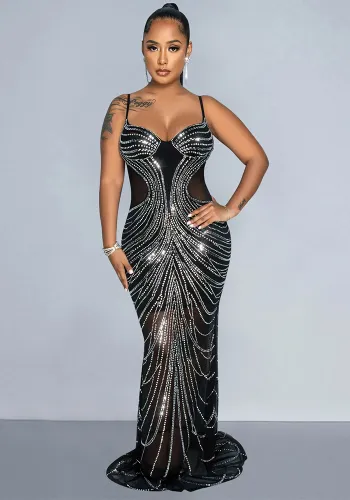 Women Mesh See-Through Beaded Suspender Sexy Backless Bodycon Dress