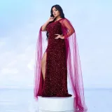 Plus Size Women Long Sleeve V-neck Formal Party Sequined Fishtail Evening Dress Dress