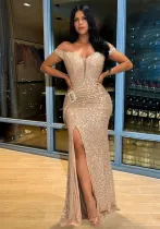 Women Sexy Off Shoulder Split Sequin Dress