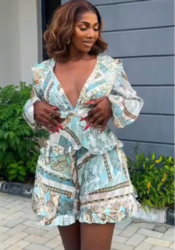 Women Printed V Neck Hollow Long Sleeve Top Patchwork ruffled skirt and pants two-piece set