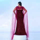 Plus Size Women Long Sleeve V-neck Formal Party Sequined Fishtail Evening Dress Dress