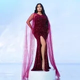 Plus Size Women Long Sleeve V-neck Formal Party Sequined Fishtail Evening Dress Dress