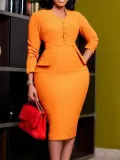 Women's Clothing Plus Size Chic Career Elegant Slim Waist Solid Color Bodycon Dress
