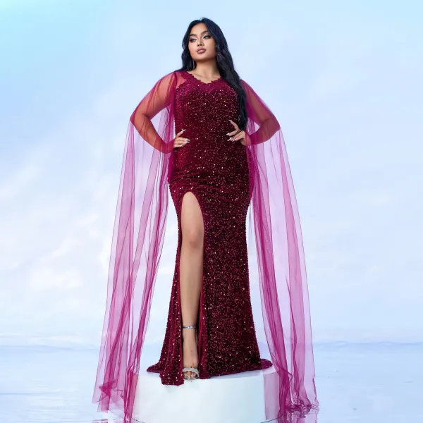 Plus Size Women Long Sleeve V-neck Formal Party Sequined Fishtail Evening Dress Dress