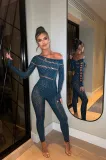 Sexy One-Piece Long-Sleeved Beaded Shiny Mesh Sexy Jumpsuit