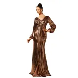 Women V-neck long sleeve Shiny Formal Party Bodycon Evening Dress