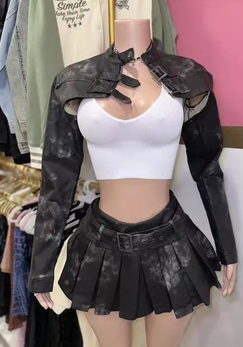 Women Vintage PU-Leather Jacket Top and Skirt Two-piece set