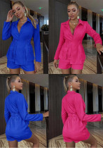 Women turndown collar v-neck long-sleeved pocket top shorts two-piece set