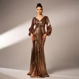 Women V-neck long sleeve Shiny Formal Party Bodycon Evening Dress