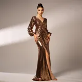 Women V-neck long sleeve Shiny Formal Party Bodycon Evening Dress