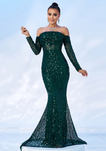 Women Off Shoulder Long Sleeve Sequin Formal Party Fishtail Evening Dress