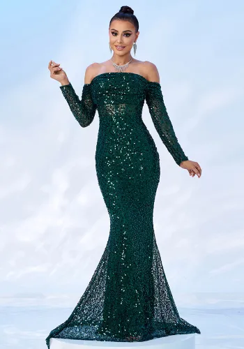 Women Off Shoulder Long Sleeve Sequin Formal Party Fishtail Evening Dress