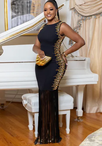 Beaded Round Neck Sleeveless Fringe Bodycon Long Party Dress Sexy Women's Clothing