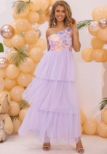 Purple One Shoulder Embroidery Summer Party Long Dress