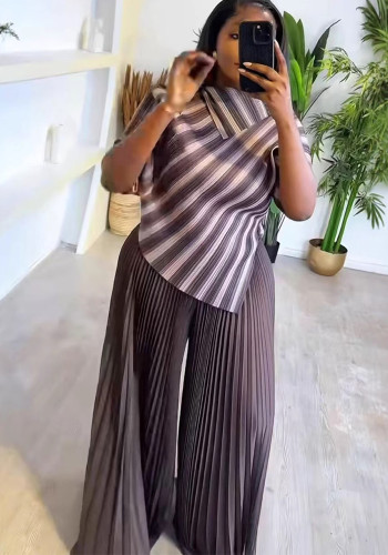Autumn Striped Turndown Collar Slim Waist Top Pleated Pants Plus Size Suits