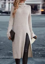 Fashionable Autumn And Winter Loose High-Neck Long-Sleeved Split Sweater Dress