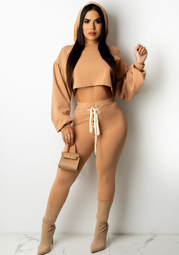 Women's Fashion Casual Solid Color Lace-Up Hooded Two-Piece Tracksuit