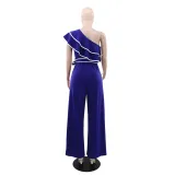 Fashionable Women's Slash Shoulder Belt Casual Wide-Leg Jumpsuit