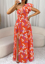 Women's Printed Slash Shoulder Holidays Slit Dress