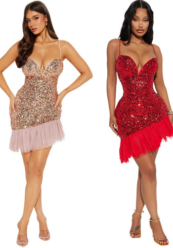 Sequin Mesh Patchwork Strap Party Dress