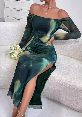 Fashion Printed Slim Women's Sexy Slit Off Shoulder Party Dress