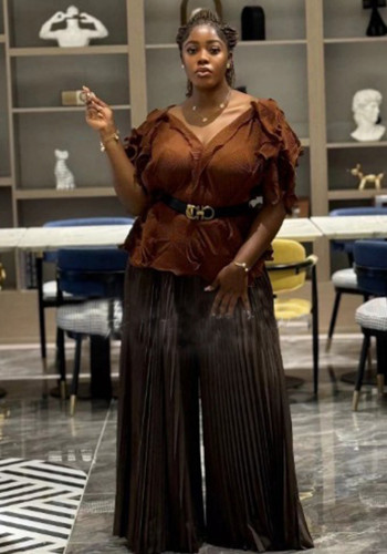 African Fashion Women's Clothing Patchwork Slim Waist Top Pleated Wide-Leg Pants Plus Size Suits