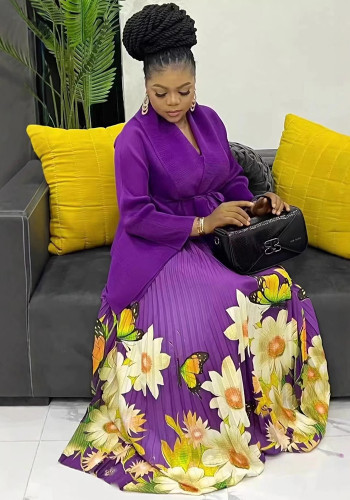 Pleated Women's African Fashion Print Long Sleeve Pleated Skirt Set