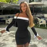 Women Fall Winter Contrast Color Off Shoulder Long Sleeve Bodycon Dress