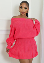 Women Fall Winter Casual Off Shoulder Solid Top and Pleated Skirt Two Piece Set