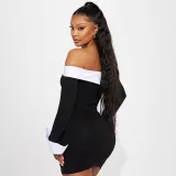 Women Fall Winter Contrast Color Off Shoulder Long Sleeve Bodycon Dress