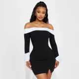 Women Fall Winter Contrast Color Off Shoulder Long Sleeve Bodycon Dress