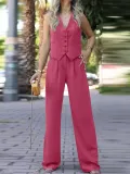 Women V-Neck Sleeveless Vest and Wide Leg Trousers Two Piece Set